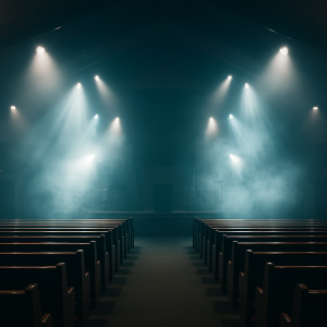 Modern church sanctuary with lights and fog, empty seats symbolizing spiritual emptiness.